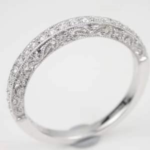 Round Moissanite Diamond Wedding Band Ring, Antique Art Deco Engagement Band Ring, Half Eternity Milgrain Band, Vintage Style Filigree Band