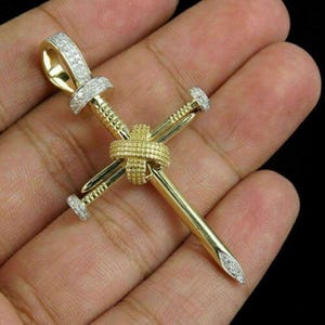 Screw Nail Cross Pendant In 10K Yellow Gold, Men-Women&#39;s Charm Pendant, Round Moissanite Diamond Triple Nail Cross Pendant, Christmas Gift