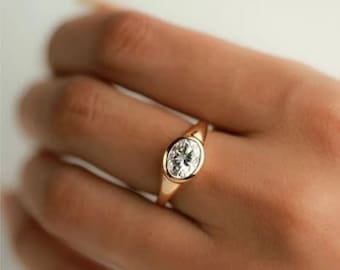 Horizontal Oval Cut Moissanite Diamond Wedding Ring, Bezel Set Classic Solitaire Ring, Daily Wear Ring For Her, Engagement Proposal Ring
