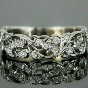 Antique Floral Leaf Inspire Openwork Band Ring, Round Cut Moissanite Diamond Half Eternity Band, Art Deco Wedding Band, Vintage Inspire Band