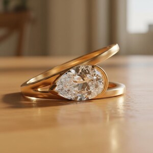 Anillo de boda solitario minimalista, anillo con diamantes y moissanita en forma de pera engastados en medio bisel, anillo de propuesta con vástago dividido, anillo de regalo para el Día de la Madre.