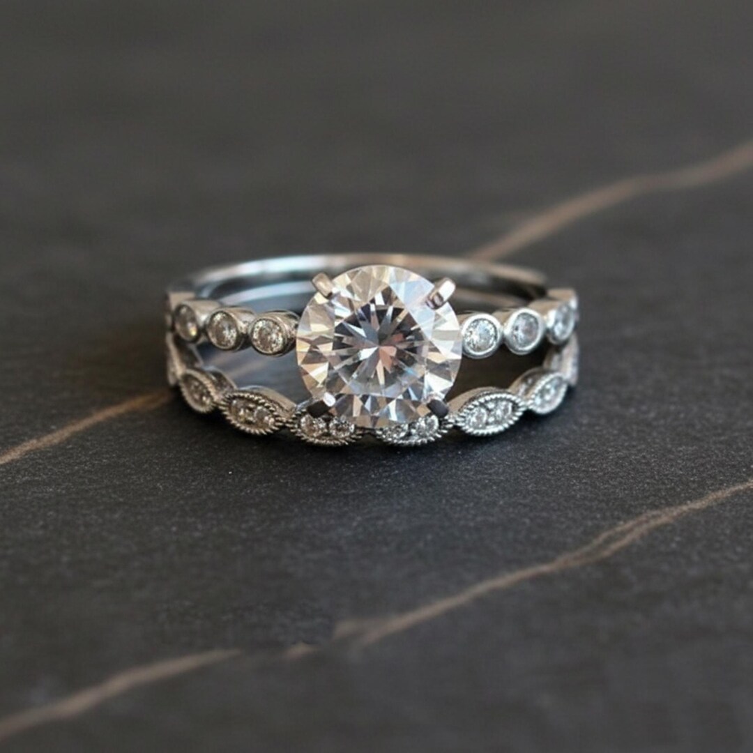 Round Cut Moissanite Diamond Engagement Ring Set, 14K White Gold Bridal ...