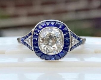 C.1890's Art Deco Sapphire Ring, Bezel Set Old Mine Cut CZ Stone Halo Ring, Vintage Style Wedding Engagement Ring, 925 Silver Retro Ring