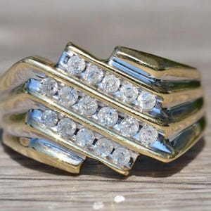 Men's 14K Yellow Gold Ring, Round Cut Moissanite Diamond Ring, Office Wear Ring For Him, Engagement Proposal Ring, Men's Channel Set Ring