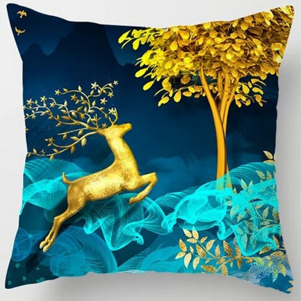 COUSSIN CERF CELESTE / Housse Coussin Turquoise et Or / Coussin Gingko Biloba / Coussin Celtique / Cadeau décoratif / Coussin Original