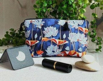 Makeup Bag + Accessories, Beauty Box, Toiletry Bag, Travel Bag, Lotus Flowers, Blue Bag