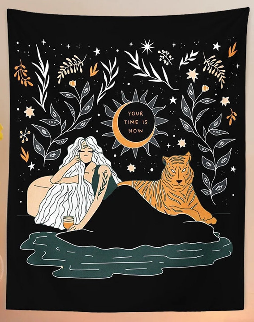 Feline Wall Tapestry / Woman and Feline Tapestry / Mystical Wall ...
