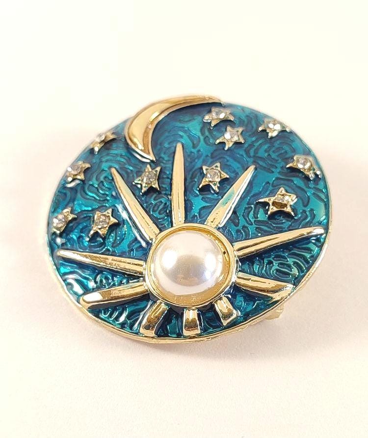 Broche Fantaisie En Forme De Lune Dorée Avec Zircon - État Comme Neuf