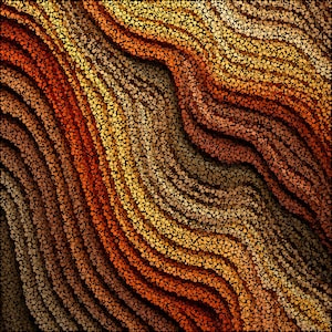 May include: Abstract digital art piece featuring a pattern of small, circular dots in shades of gold, orange, and brown. The dots are arranged in wavy, layered lines against a black background, creating a textured, three-dimensional effect.
