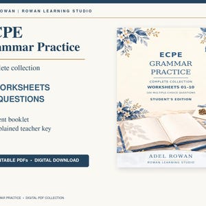 Może przedstawiać: Cyfrowy produkt edukacyjny zatytułowany ECPE Grammar Practice Complete Collection Worksheets 01-10. Okładka przedstawia otwartą książkę, niebieski długopis i złoty klucz, ozdobione niebieskimi ilustracjami kwiatowymi oraz napisem Student's Edition.