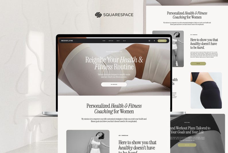 May include: A laptop screen displays a website with the text "Reignite Your Health & Fitness Routine" and "Personalized Health & Fitness Coaching for Women." The website features images of fitness and health-related content. The Squarespace logo is visible.