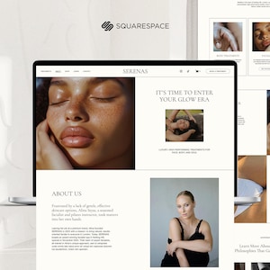 May include: A website homepage for a beauty spa called "Serenas". The website features a minimalist design with a white background and black text. The homepage includes a photo of a woman with her eyes closed, a photo of a woman with her eyes open, and a photo of a woman lying down. The website also includes text that says "It's time to enter your glow era." and "Luxury, high-performance treatments for face, body and soul."