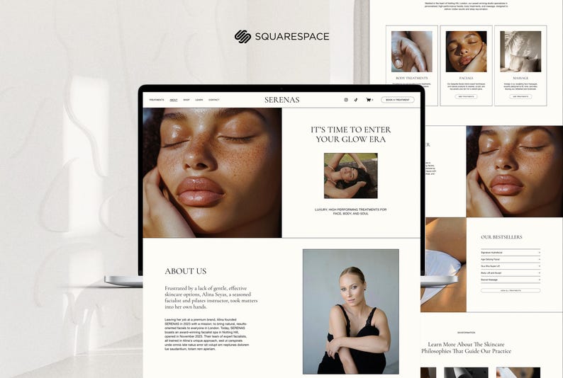 May include: A website homepage for a beauty spa called "Serenas". The website features a minimalist design with a white background and black text. The homepage includes a photo of a woman with her eyes closed, a photo of a woman with her eyes open, and a photo of a woman lying down. The website also includes text that says "It's time to enter your glow era." and "Luxury, high-performance treatments for face, body and soul."