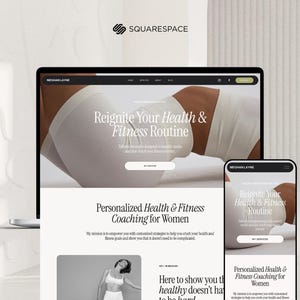 May include: A laptop and smartphone display a website promoting health and fitness coaching. The website's design is minimalist, featuring a light color palette and the text "Reignite Your Health & Fitness Routine."