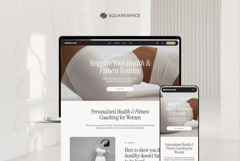 May include: A laptop and smartphone display a website promoting health and fitness coaching. The website's design is minimalist, featuring a light color palette and the text "Reignite Your Health & Fitness Routine."