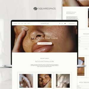 May include: Website homepage for a beauty spa called "Serenas" with the tagline "We've Got Your Glow". The website features images of a woman's face and a call to action button that says "Book Your Treatment".