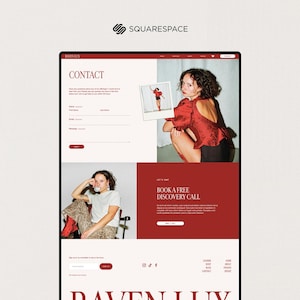 May include: A website design featuring a contact form, images of a person, and the text "BOOK A FREE DISCOVERY CALL". The website has a red and cream color scheme, with the Squarespace logo at the top.