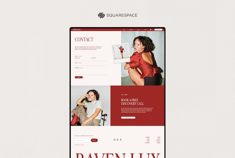 May include: A website design featuring a contact form, images of a person, and the text "BOOK A FREE DISCOVERY CALL". The website has a red and cream color scheme, with the Squarespace logo at the top.