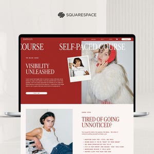 May include: A laptop displays a website with a red and white color scheme. The website promotes a self-paced online course with the text "Visibility Unleashed." Images of women are featured, along with the Squarespace logo.