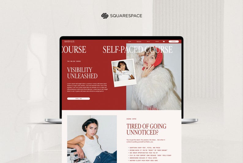 May include: A laptop displays a website with a red and white color scheme. The website promotes a self-paced online course with the text "Visibility Unleashed." Images of women are featured, along with the Squarespace logo.