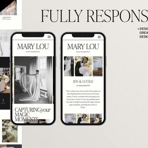 K&ouml;nnte beinhalten: Ein Website-Mockup f&uuml;r ein Fotogesch&auml;ft namens "Mary Lou Photography". Die Website ist so konzipiert, dass sie vollst&auml;ndig responsiv ist, d. h. sie sieht sowohl auf Desktops als auch auf Mobilger&auml;ten gut aus. Die Website zeigt ein Schwarzwei&szlig;foto einer Braut in einem flie&szlig;enden wei&szlig;en Kleid sowie ein Testimonial eines ehemaligen Kunden.