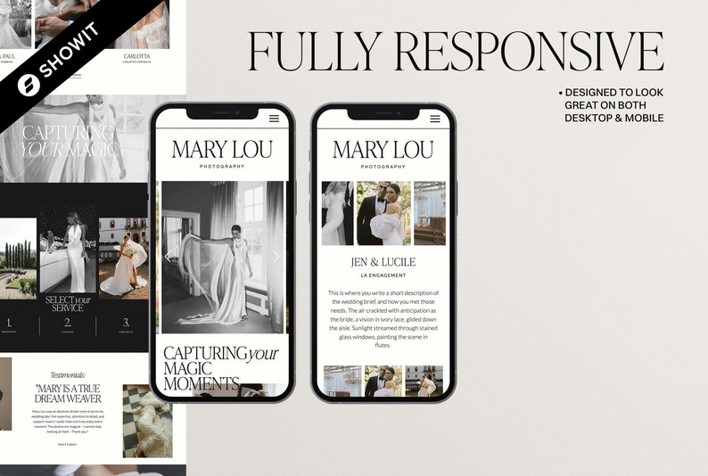 K&ouml;nnte beinhalten: Ein Website-Mockup f&uuml;r ein Fotogesch&auml;ft namens "Mary Lou Photography". Die Website ist so konzipiert, dass sie vollst&auml;ndig responsiv ist, d. h. sie sieht sowohl auf Desktops als auch auf Mobilger&auml;ten gut aus. Die Website zeigt ein Schwarzwei&szlig;foto einer Braut in einem flie&szlig;enden wei&szlig;en Kleid sowie ein Testimonial eines ehemaligen Kunden.