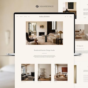 May include: A laptop screen shows the website of "Sara Rosso," a residential interior design studio. The site showcases interior design projects, including living rooms and a studio. The Squarespace logo is in the top left corner.