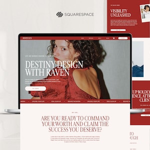 May include: A laptop displays a website design with a red and white color scheme. The website features the text "DESTINY DESIGN WITH RAVEN" and "ARE YOU READY TO COMMAND YOUR WORTH AND CLAIM THE SUCCESS YOU DESERVE?" The Squarespace logo is visible.