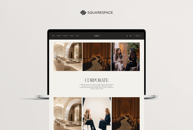 May include: A website screenshot showing a company's corporate page. The page features images of a modern interior space with a long, narrow pathway lined with candles, and two women sitting and talking. The text "CORPORATE" is displayed in a large font.
