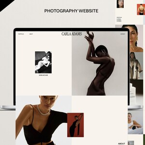 May include: A website for a photographer named Carla Adams. The website features a portfolio of images, an about section, and a contact form. The website is designed in a minimalist style with a white background and black text.