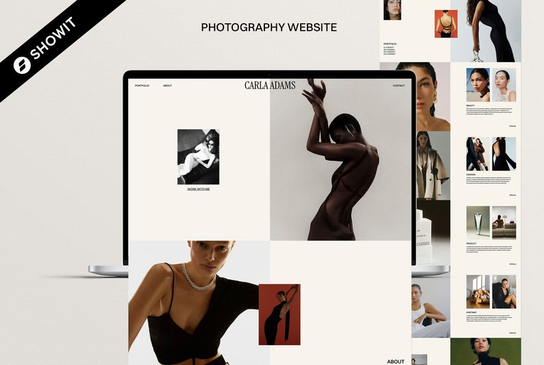 May include: A website for a photographer named Carla Adams. The website features a portfolio of images, an about section, and a contact form. The website is designed in a minimalist style with a white background and black text.