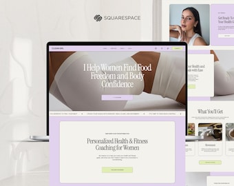Könnte beinhalten: Ein Laptop-Bildschirm zeigt eine Website mit einem hellvioletten und weißen Design. Die Website wirbt für "Personalisiertes Gesundheits- und Fitnesstraining für Frauen". Der Text "Ich helfe Frauen, Freiheit beim Essen und Selbstvertrauen zu finden" ist ebenfalls sichtbar. Das Squarespace-Logo befindet sich oben links.