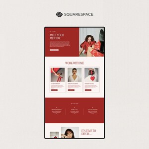 May include: A website design with a red and white color scheme. The top section features the text "Meet Your Mentor" and an image of a person. Below are three images with the text "Work With Me". The bottom section has the text "It's Time to Ditch..."