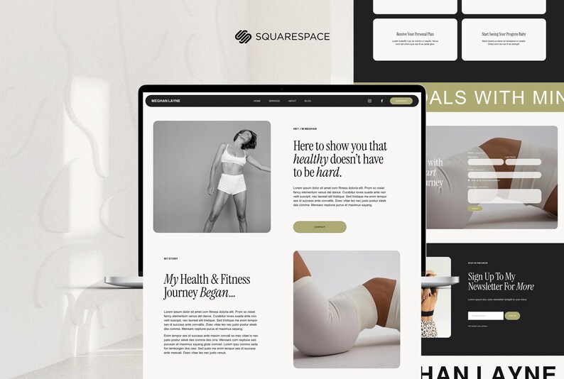 May include: A laptop screen displays a website design with the Squarespace logo. The website features a black and white photo of a person in athletic wear, along with text that reads "Here to show you that healthy doesn't have to be hard."