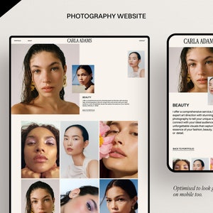 May include: A website for a photographer named Carla Adams. The website features a portfolio of beauty photography with a focus on fashion, beauty, and wellness. The website is optimized for mobile devices.