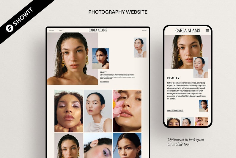 May include: A website for a photographer named Carla Adams. The website features a portfolio of beauty photography with a focus on fashion, beauty, and wellness. The website is optimized for mobile devices.