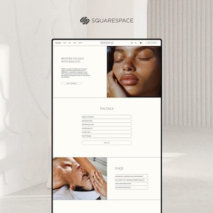 May include: A website for a spa called Serena's. The website features a photo of a woman receiving a facial, a list of facial services, and a frequently asked questions section.