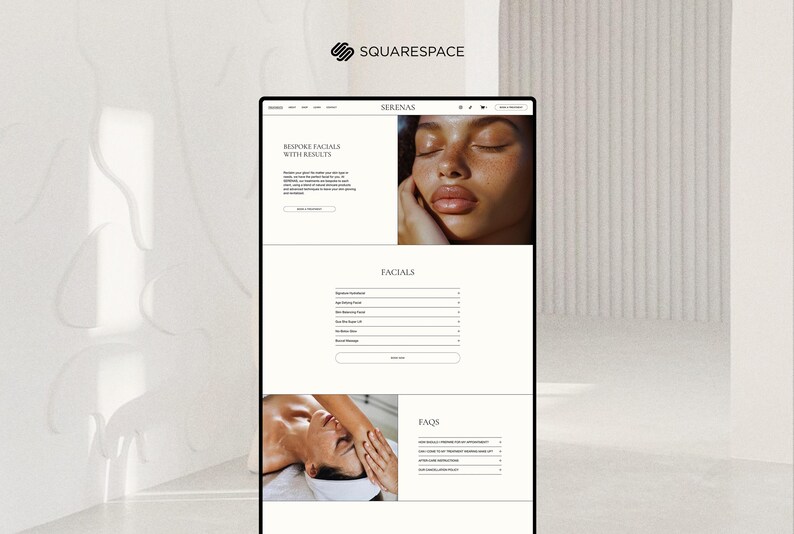 May include: A website for a spa called Serena's. The website features a photo of a woman receiving a facial, a list of facial services, and a frequently asked questions section.