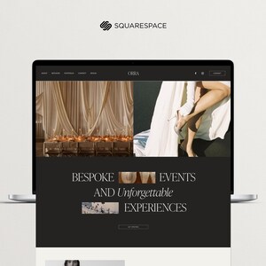 May include: A website screenshot for a company called "OBRA" that specializes in bespoke events and unforgettable experiences. The website features a photo of a wedding reception with a draped ceiling and a photo of a bride's legs in a white dress.