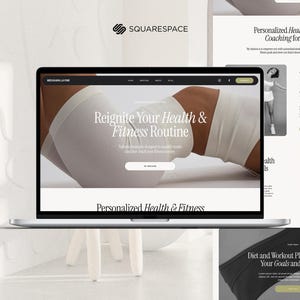 May include: A laptop displays a website promoting personalized health and fitness coaching. The screen shows the text "Reignite Your Health & Fitness Routine" and "Personalized Health & Fitness Coaching for Women." Additional website elements are visible, including images and text blocks.