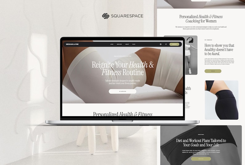 May include: A laptop displays a website promoting personalized health and fitness coaching. The screen shows the text "Reignite Your Health & Fitness Routine" and "Personalized Health & Fitness Coaching for Women." Additional website elements are visible, including images and text blocks.