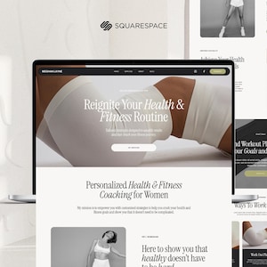 May include: A laptop screen displays a website promoting health and fitness coaching. The site features the text "Reignite Your Health & Fitness Routine" and "Personalized Health & Fitness Coaching for Women."
