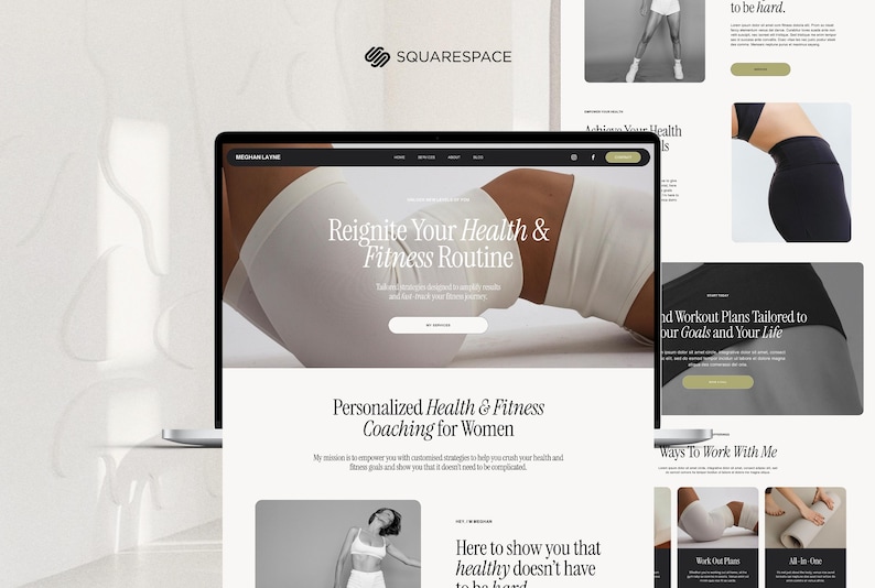 May include: A laptop screen displays a website promoting health and fitness coaching. The site features the text "Reignite Your Health & Fitness Routine" and "Personalized Health & Fitness Coaching for Women."