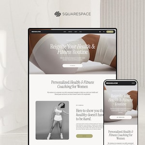 May include: A website design on a desktop computer and a smartphone, showcasing a health and fitness coaching service. The website features the text "Reignite Your Health & Fitness Routine" and "Personalized Health & Fitness Coaching for Women."