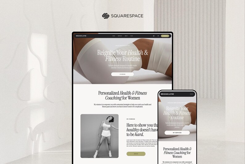 May include: A website design on a desktop computer and a smartphone, showcasing a health and fitness coaching service. The website features the text "Reignite Your Health & Fitness Routine" and "Personalized Health & Fitness Coaching for Women."
