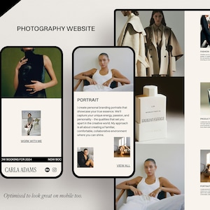 May include: A website for a photographer named Carla Adams. The website features a portfolio of images, including portraits, fashion, and product photography. The website is optimized for mobile devices.