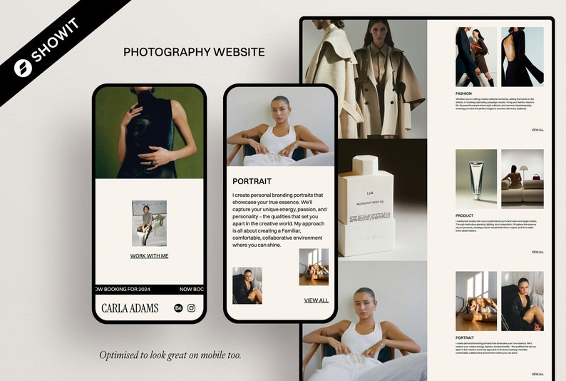 May include: A website for a photographer named Carla Adams. The website features a portfolio of images, including portraits, fashion, and product photography. The website is optimized for mobile devices.
