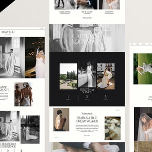 K&ouml;nnte beinhalten: Website-Homepage f&uuml;r Mary Lou Photography, eine Hochzeitsfotografin. Die Website zeigt ein Schwarzwei&szlig;foto einer Braut in einem Hochzeitskleid mit dem Text "Capturing Your Magic" und "Select Your Service".