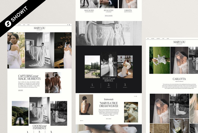 K&ouml;nnte beinhalten: Website-Homepage f&uuml;r Mary Lou Photography, eine Hochzeitsfotografin. Die Website zeigt ein Schwarzwei&szlig;foto einer Braut in einem Hochzeitskleid mit dem Text "Capturing Your Magic" und "Select Your Service".