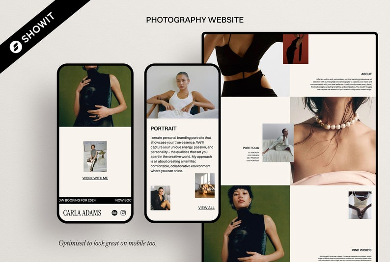 May include: A website for a photographer, Carla Adams, who specializes in personal branding portraits. The website features a portfolio of her work, information about her services, and a contact form.